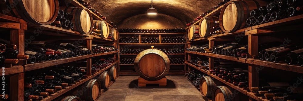 Poster a charming wine cellar features wooden barrels and shelves filled with various wine bottles, creatin