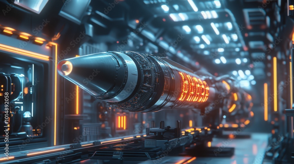 Aufkleber a futuristic rocket with orange glowing lights sits on a metal platform in a hangar. the rocket is s