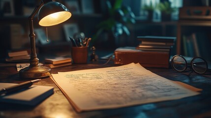 Closeup of a detective board with pinned evidence, clear area left open for text, warm desk lamp lighting, dramatic shadows, vintage tones, cinematic atmosphere