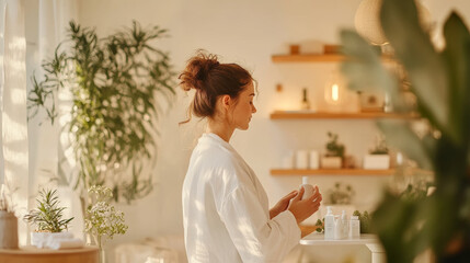 A serene woman in white robe stands in bright, plant filled room, holding skincare products. soft sunlight enhances calming atmosphere, perfect for relaxation and self care