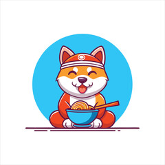 Cute Shiba Inu Dog Enjoying Ramen Noodles Vector Illustration.