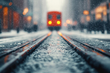 Obraz premium A train approaching on snow-covered tracks, captured in a soft winter atmosphere.
