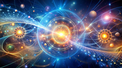 Fototapeta premium Abstract cosmic background with swirling energy and glowing orbs for inspirational designs
