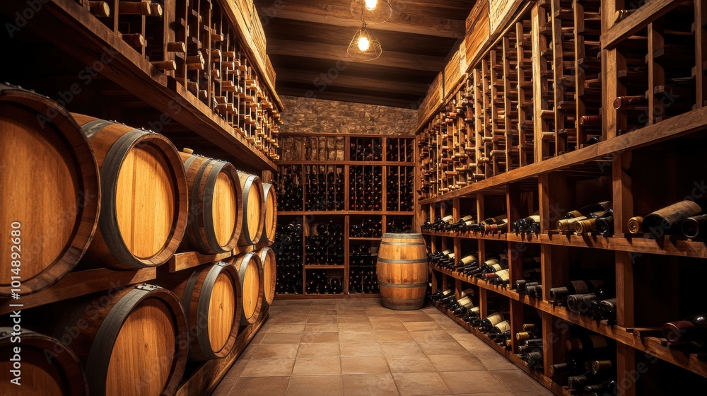 Poster a rustic wine cellar with wooden barrels and shelves lined with exquisite wine bottles for connoisse