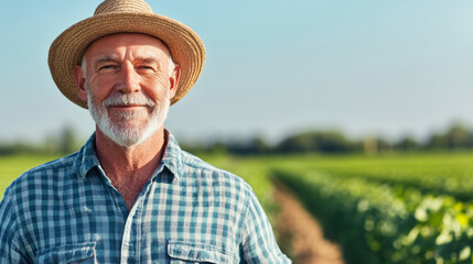 Fototapeta premium A smiling elderly man wearing straw hat stands confidently in vineyard, surrounded by lush green grapevines under clear blue sky. His expression reflects deep connection to land and life of hard work