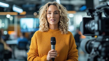 Professional woman with curly hair holding microphone in modern newsroom, exuding confidence and poise while preparing to deliver news updates