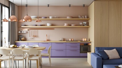 Minimalist apartment with lavender kitchen cabinets, wooden shelves, wheat walls, copper pendant lights, peacock blue sofa, and ivory dining chairs