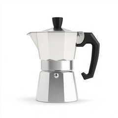 A moka pot, stovetop coffee maker, aluminum with black handle, isolated on white background
