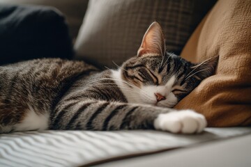 Close up of a tabby cat sleeping peacefully on a bed, with its paws tucked in.