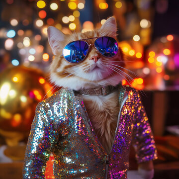 Disco Fever: Cheetoh Cat in Colorful Disco Outfit