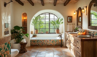 A luxurious bathroom with arched window, wood-beamed ceiling, tiled floor, and double sinks with wooden cabinets.