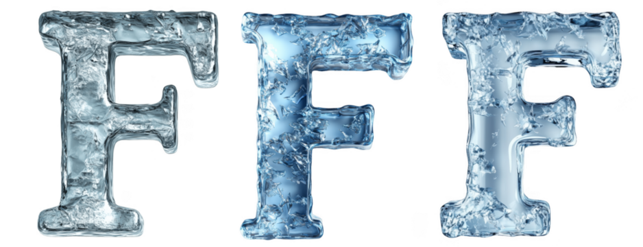 Set of letters F with an ice texture isolated on the background. An icy letter F on a transparent background.