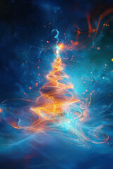 Futuristic Christmas Tree Design with Holographic Fractals and Bright Rainbow Light Patterns in a Digital Abstract Style