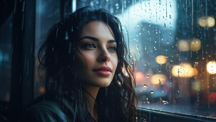 A contemplative young woman gazes out a rain-streaked window, lost in thought.