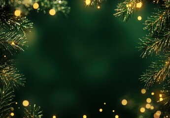 A serene and sparkling green background adorned with frosted evergreen branches and soft golden lights, perfect for festive holiday designs or seasonal greetings.