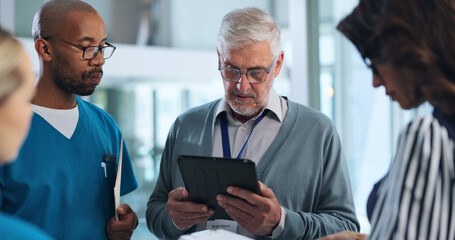 Medical team, tablet and meeting in hospital for planning, innovation and research for surgery....