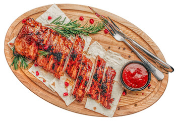 grilled pork ribs with sauce on a wooden board isolated on white background. top view clipping...