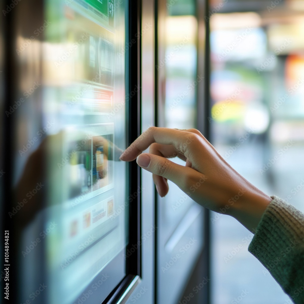 Poster user interacting with digital touchscreen interface