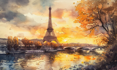 Watercolor The main attraction of Paris and all of Europe is the Eiffel tower in the rays of the setting sun on the bank of Seine river