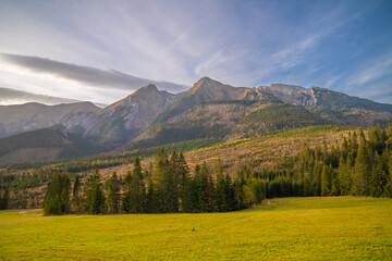 Mountain Range with Green Field and Trees