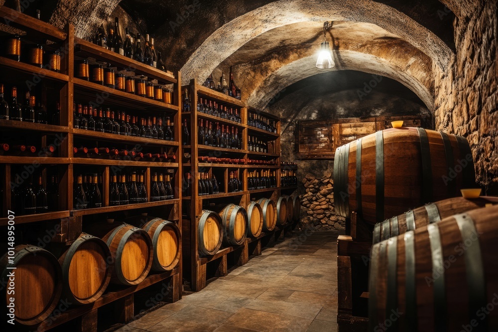 Poster Explore a rustic wine cellar showcasing wooden barrels and neatly stacked wine bottles in a stone-walled environment. Generative AI