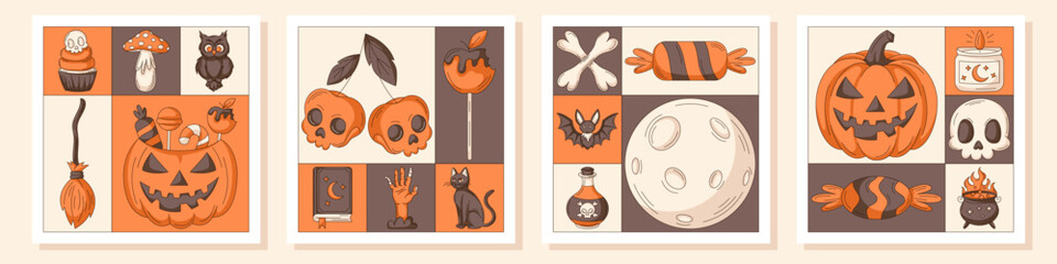 Halloween modern geometric square posters set with spooky elements. Spell book, cat, zombie hand, pumpkin, skull and bones, crossbones, bat, owl, sweets. Vector flat illustration for postcard, holiday