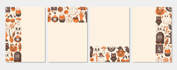 Obraz premium Set of vector halloween vertical a4 poster. Colorful upper, bottom, sides border frame with spooky and scary elements. For card, banner, invitation, social media, party or planner. Isolated background