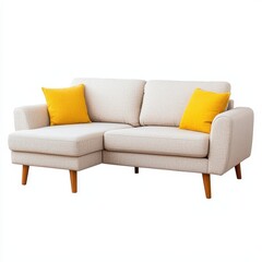 A modern sofa, living room furniture, L-shaped with fabric upholstery, isolated on white background