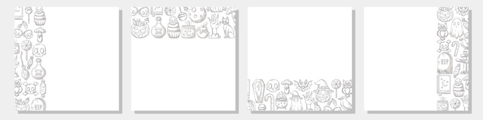 Set of vector halloween square posters, space for text. Monochrome upper, bottom, sides border frame with spooky and scary elements. For postcard, banner, invitation, social media, party or planner.