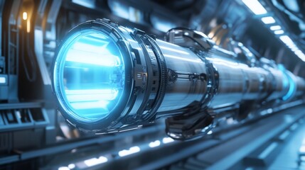 A close-up shot of a metallic engine with a glowing blue light inside, surrounded by a futuristic interior.
