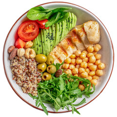 Buddha bowl dish tomatoes, chickpeas, quinoa chicken breast and avocado isolated on white...