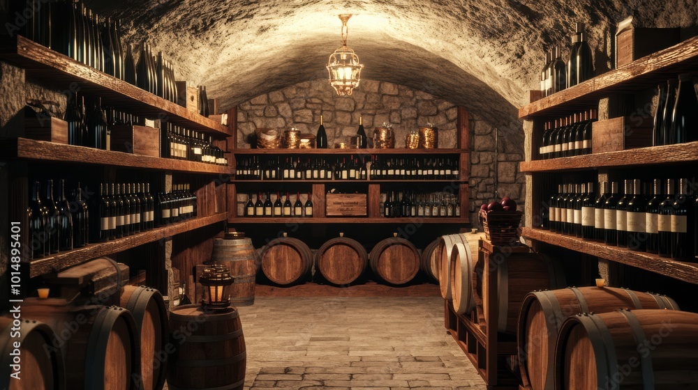 Poster explore a charming wine cellar with wooden barrels and shelves filled with a variety of wine bottles
