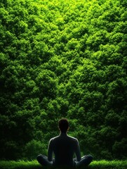 A lone individual sits in meditation, surrounded by lush greenery. This serene scene embodies tranquility and the profound connection between humans and nature.