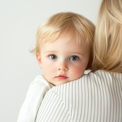 Fototapeta premium A toddler being held by a parent, curious expression, looking around, isolated on white background