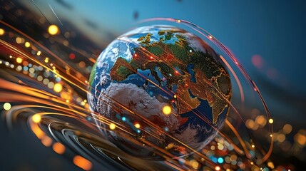 A stylized globe with bright, colorful lines swirling around it, symbolizing global connectivity and communication.