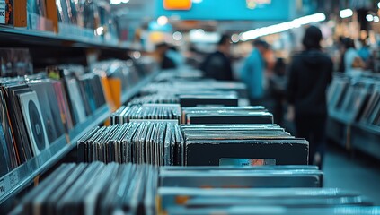 A vinyl record store with rows of classic and new black music records. In the background