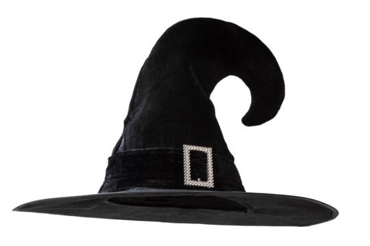 Halloween Witch wizard's hat in black, png isolated on transparent background with clipping path for Autumn seasonal holiday costume...