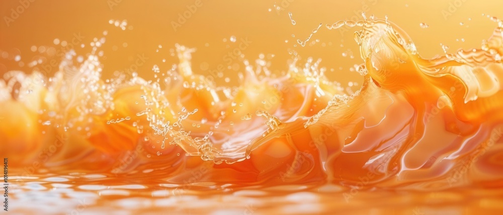 Poster glossy apricot liquid splashing, caramel fluid texture, 3d effect, macro photorealistic abstract bac