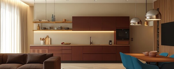 Minimalist dwelling with garnet kitchen cabinets, wooden shelves, beige walls, platinum lighting, chocolate brown sofa, and sky blue dining chairs