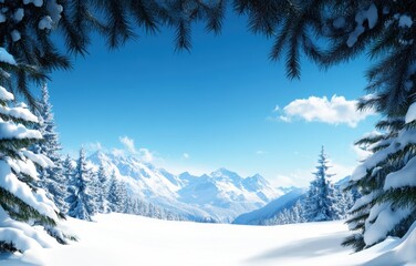 Fototapeta premium A stunning winter landscape showcases snow-capped mountains framed by frosty pine trees, offering a serene escape into nature's tranquil beauty beneath a bright blue sky.