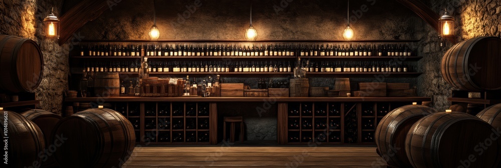 Poster explore a rustic wine cellar featuring wooden barrels and shelves filled with bottles, capturing the