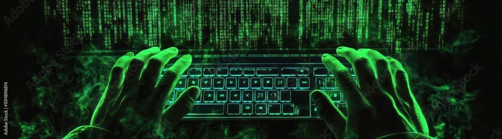 Poster close-up of hands typing on a keyboard in front of a green matrix screen.