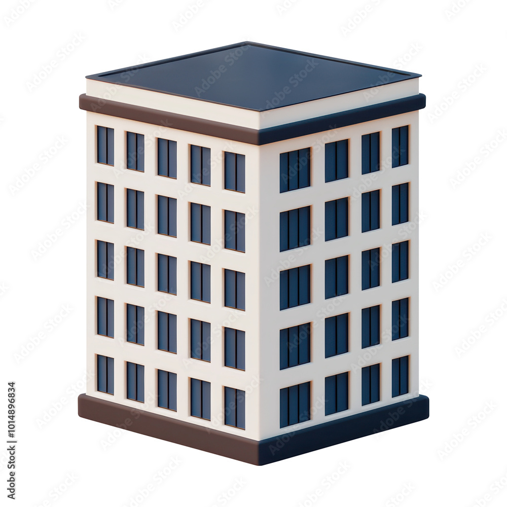 Poster 3d boxy modern building illustration featuring a clean, simplistic design with multiple windows. sui