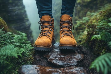 closeup of rugged leather hiking boots on a narrow mountain trail surrounded by lush greenery capturing the spirit of adventure and outdoor exploration