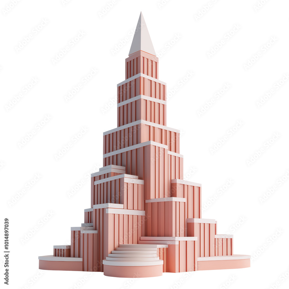 Poster 3d abstract tiered building with sharp spire and multiple stepped sections in modern pink hue. suita