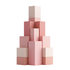 Naklejka premium 3D abstract pink block pyramid structure with layered cubes in varying shades. Suitable for conceptual design, modern art visuals, and creative architecture. Isolated on transparent background, png.