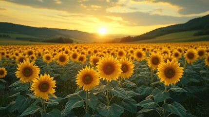 Scenic view of a sunset over a field of sunflowers, viewed from a distance, highlighting the vibrant colors 