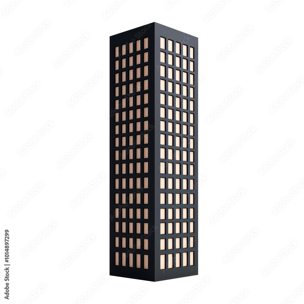 Poster 3d minimalist black high-rise building with illuminated windows, sleek and simple design. ideal for 