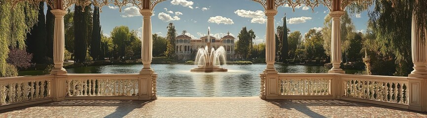 Stone columns and railing frame a view of a fountain in a lake with a large building in the background.