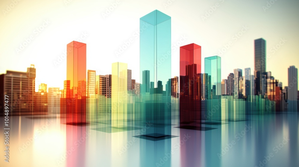 Wall mural Urban Skyline with Colorful Bar Graph Visualization